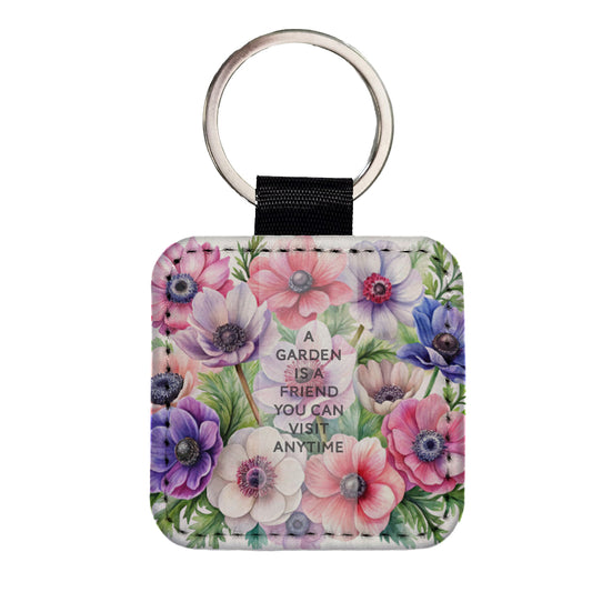 Garden Is Friend Inspirational Gardening Anemone Flowers Watercolor Square Faux Leather Keychain