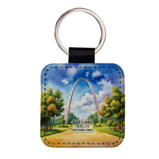 Gateway Arch National Park Missouri Watercolor Square Faux Leather Keychain