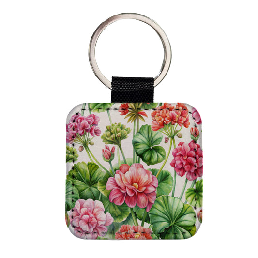 Geraniums Flowers Watercolor Square Faux Leather Keychain