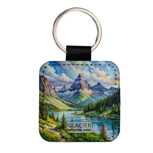 Glacier National Park Montana Watercolor Square Faux Leather Keychain