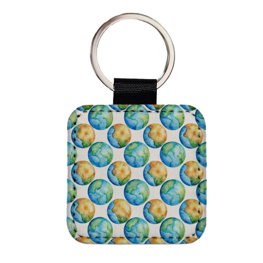 Globes Earth Pattern Watercolor Square Faux Leather Keychain
