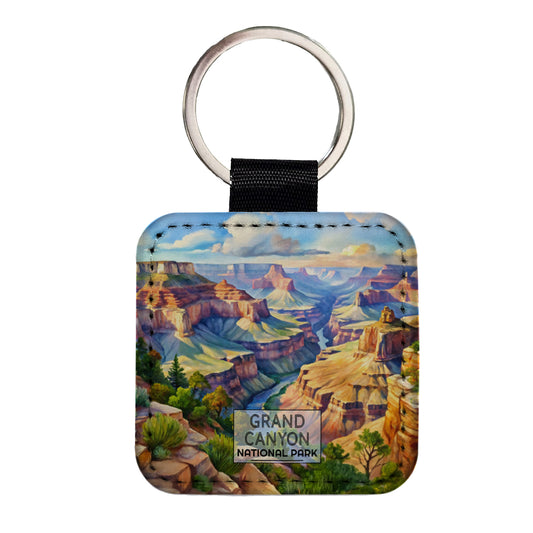 Grand Canyon National Park Arizona Watercolor Square Faux Leather Keychain