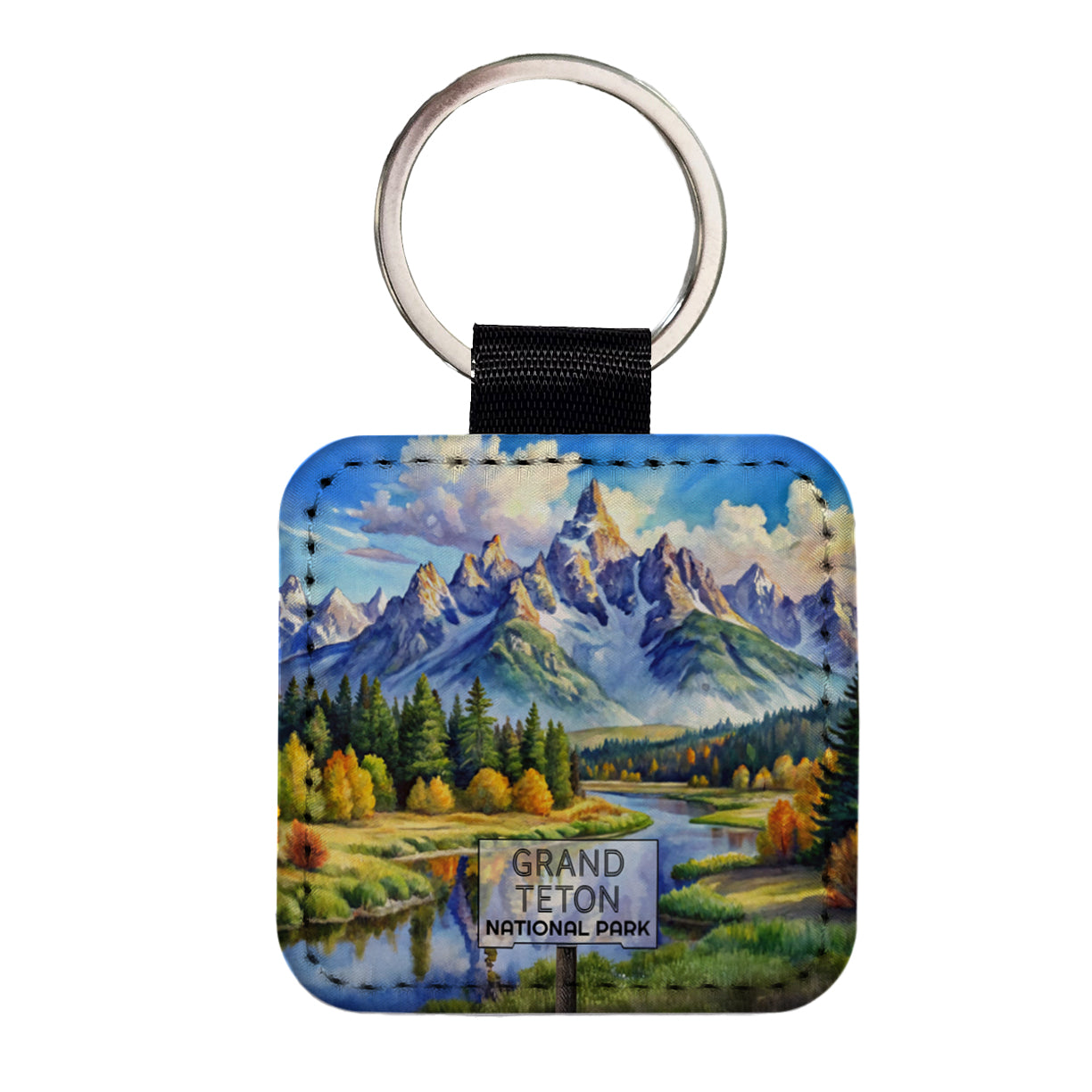 Grand Teton National Park Wyoming Watercolor Square Faux Leather Keychain
