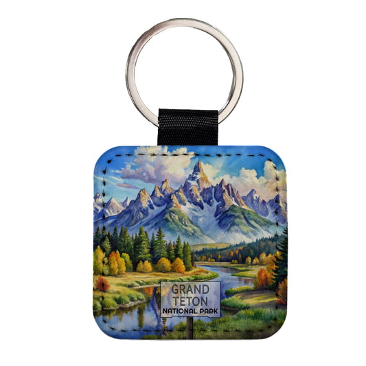 Grand Teton National Park Wyoming Watercolor Square Faux Leather Keychain
