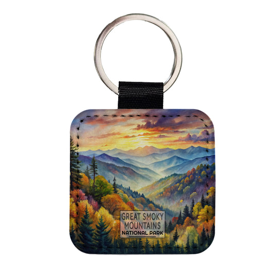 Great Smoky Mountains National Park North Carolina Tennessee Watercolor Square Faux Leather Keychain