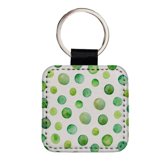 Green Polka Dots Fun White Background Square Faux Leather Keychain