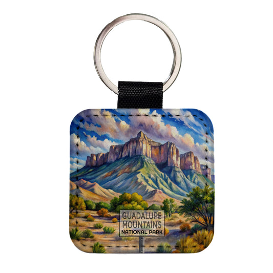 Guadalupe Mountains National Park Texas Watercolor Square Faux Leather Keychain