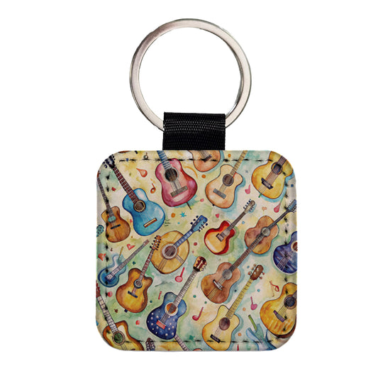Guitars Artistic Colorful Music Square Faux Leather Keychain