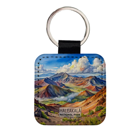 Haleakala National Park Hawaii Maui Watercolor Square Faux Leather Keychain