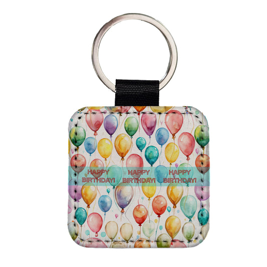 Happy Birthday Balloons Colorful Watercolor Square Faux Leather Keychain