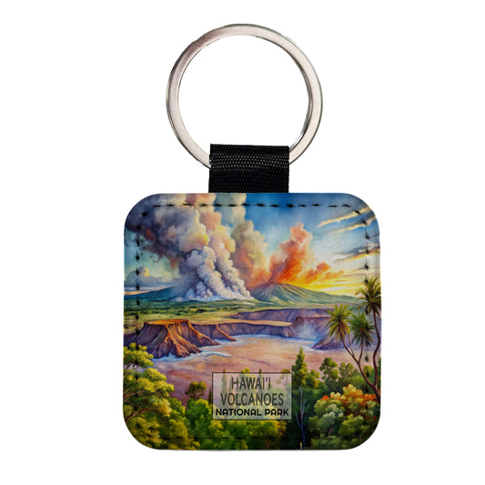 Hawaii Volcanoes National Park Watercolor Square Faux Leather Keychain