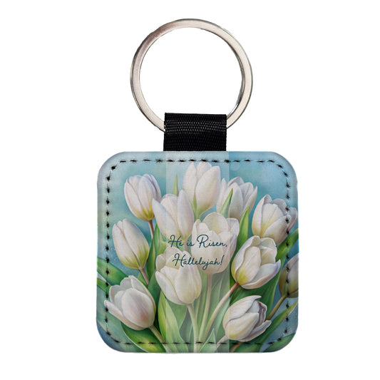 He Is Risen Hallelujah Easter Christian White Tulips Flowers Square Faux Leather Keychain