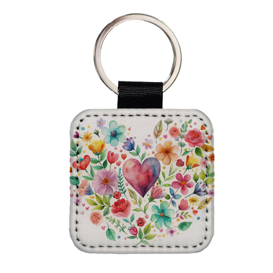 Hearts Flowers Watercolor Square Faux Leather Keychain