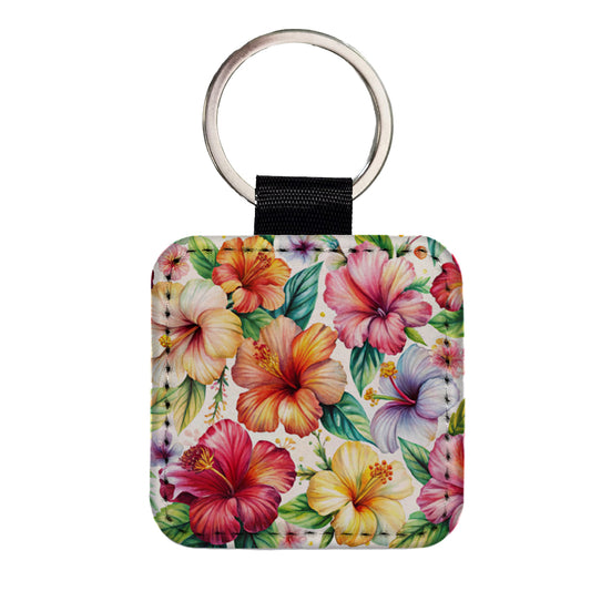 Hibiscus Tropical Flowers Watercolor Square Faux Leather Keychain