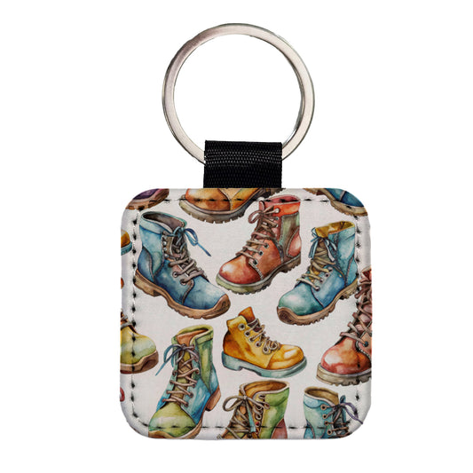 Hiking Boots Hikers Watercolor Square Faux Leather Keychain