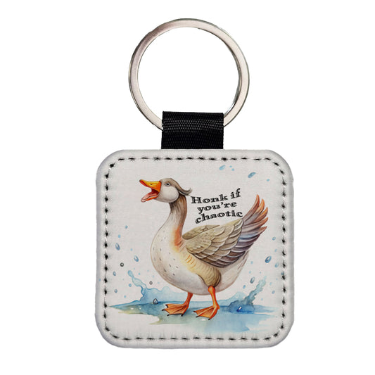 Honk If You're Chaotic Honking Goose Funny Square Faux Leather Keychain