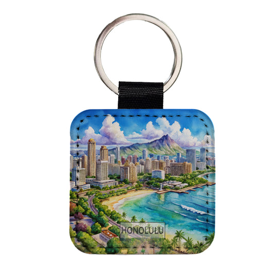 Honolulu Hawaii Travel City Watercolor Square Faux Leather Keychain