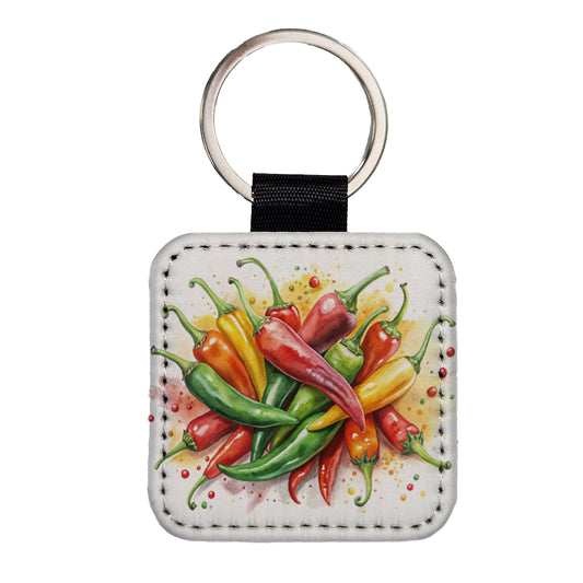 Hot Peppers Jalapenos Spicy Watercolor Square Faux Leather Keychain
