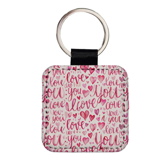 I Love You Script Pink Square Faux Leather Keychain