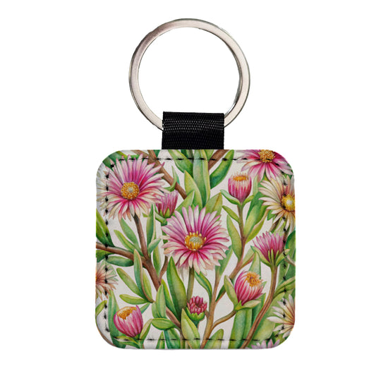 Ice Plant Flowers Watercolor Square Faux Leather Keychain