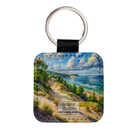 Indiana Dunes National Park Watercolor Square Faux Leather Keychain