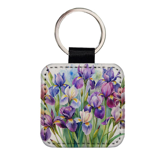 Iris Purple Pretty Flowers Watercolor Square Faux Leather Keychain