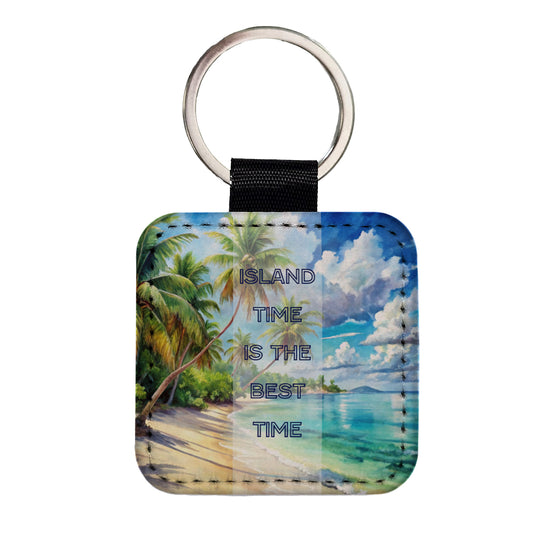 Island Time Best Time Inspirational Tropical Beach Square Faux Leather Keychain