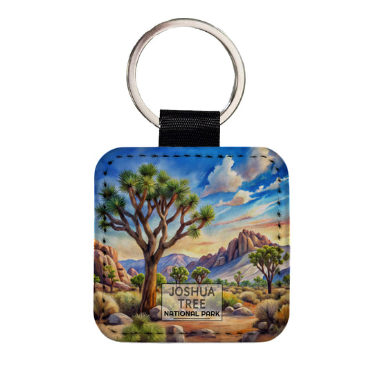 Joshua Tree National Park California Watercolor Square Faux Leather Keychain