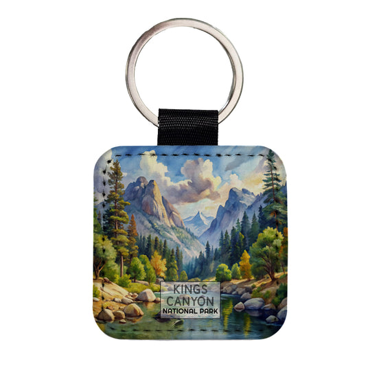 Kings Canyon National Park California Watercolor Square Faux Leather Keychain