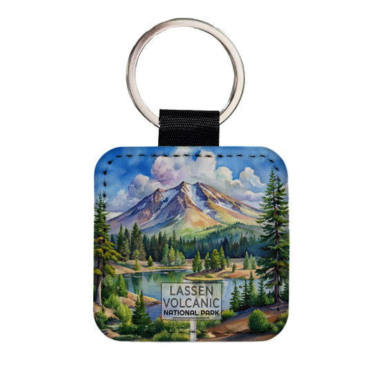 Lassen Volcanic National Park California Watercolor Square Faux Leather Keychain