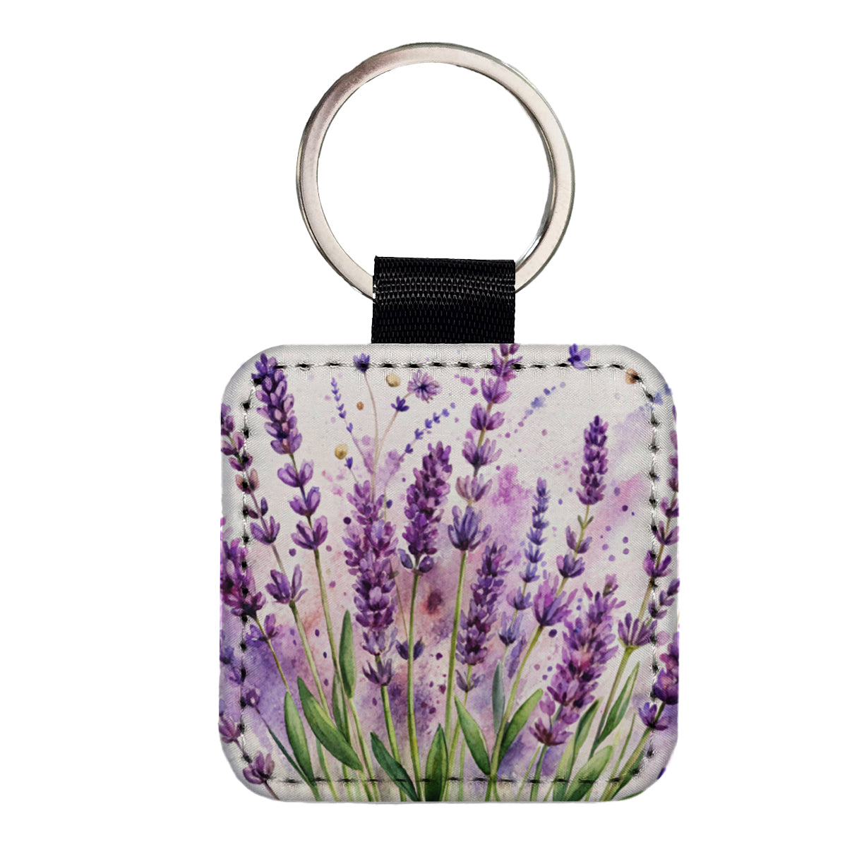 Lavender Flowers Watercolor Square Faux Leather Keychain