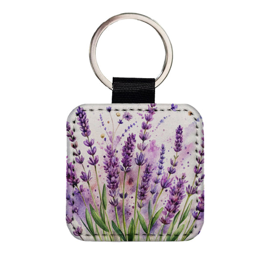 Lavender Flowers Watercolor Square Faux Leather Keychain