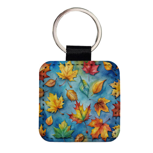 Leaves Blue Background Watercolor Square Faux Leather Keychain