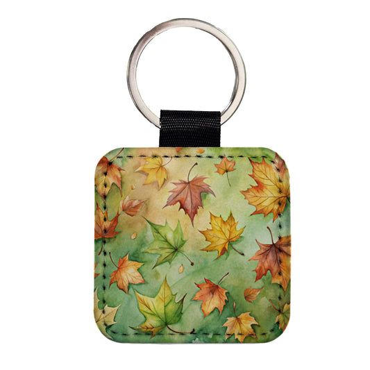 Leaves Green Background Watercolor Square Faux Leather Keychain