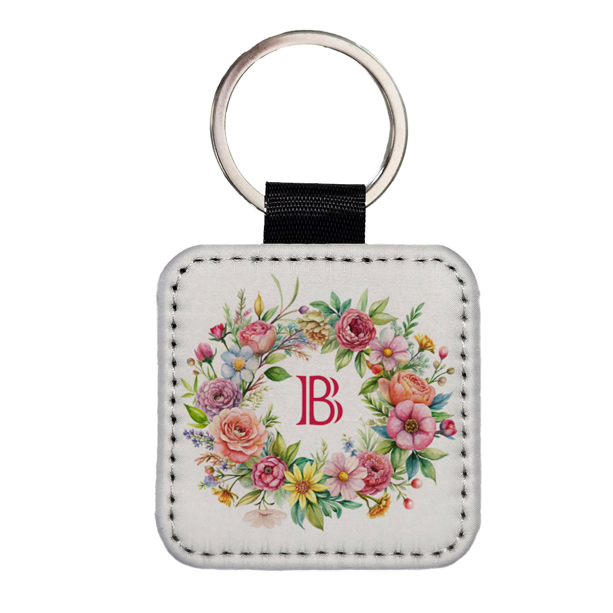 Letter B Initial Monogram Flowers Floral Square Faux Leather Keychain