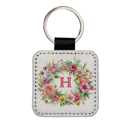 Letter H Initial Monogram Flowers Floral Square Faux Leather Keychain