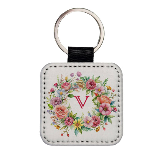 Letter V Initial Monogram Flowers Floral Square Faux Leather Keychain