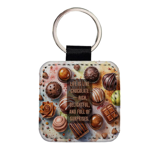 Life Is Like Chocolate Inspirational Watercolor Square Faux Leather Keychain