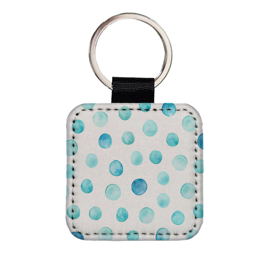 Light Blue Polka Dots White Square Faux Leather Keychain