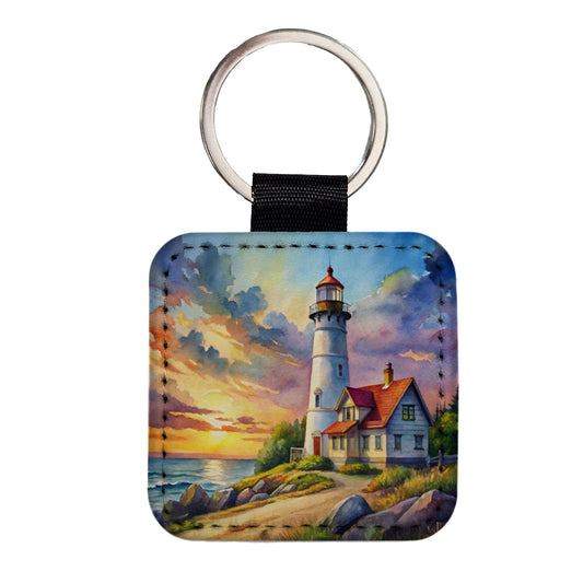 Lighthouse Beautiful Sky Watercolor Square Faux Leather Keychain