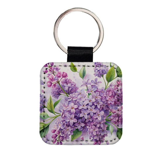 Lilac Flowers Watercolor Square Faux Leather Keychain