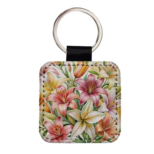 Lilies Lily Flower Watercolor Square Faux Leather Keychain