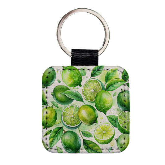 Limes Fruit Watercolor Square Faux Leather Keychain