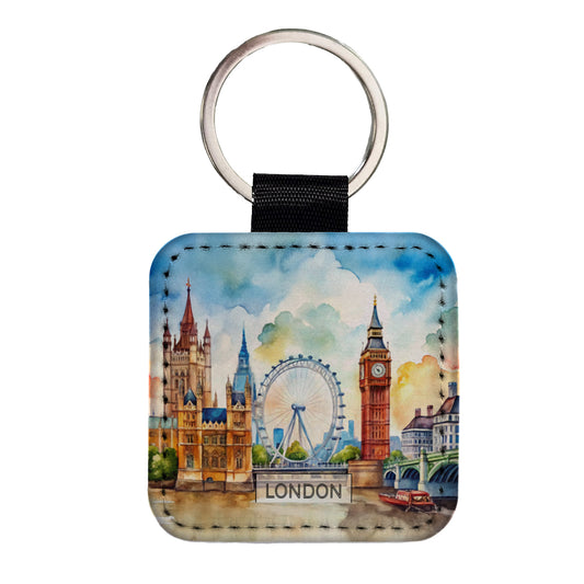 London England Travel City Watercolor Square Faux Leather Keychain