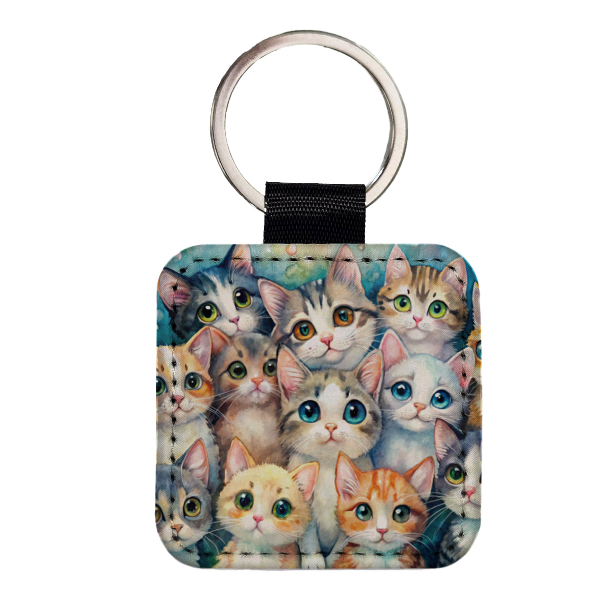 Lots Of Adorable Cats Watercolor Square Faux Leather Keychain