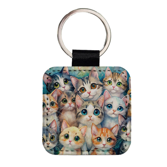 Lots Of Adorable Cats Watercolor Square Faux Leather Keychain