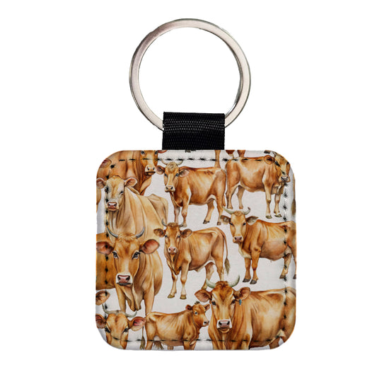 Lots Of Brown Cows Square Faux Leather Keychain