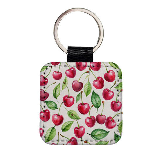 Lots Of Cherries Square Faux Leather Keychain