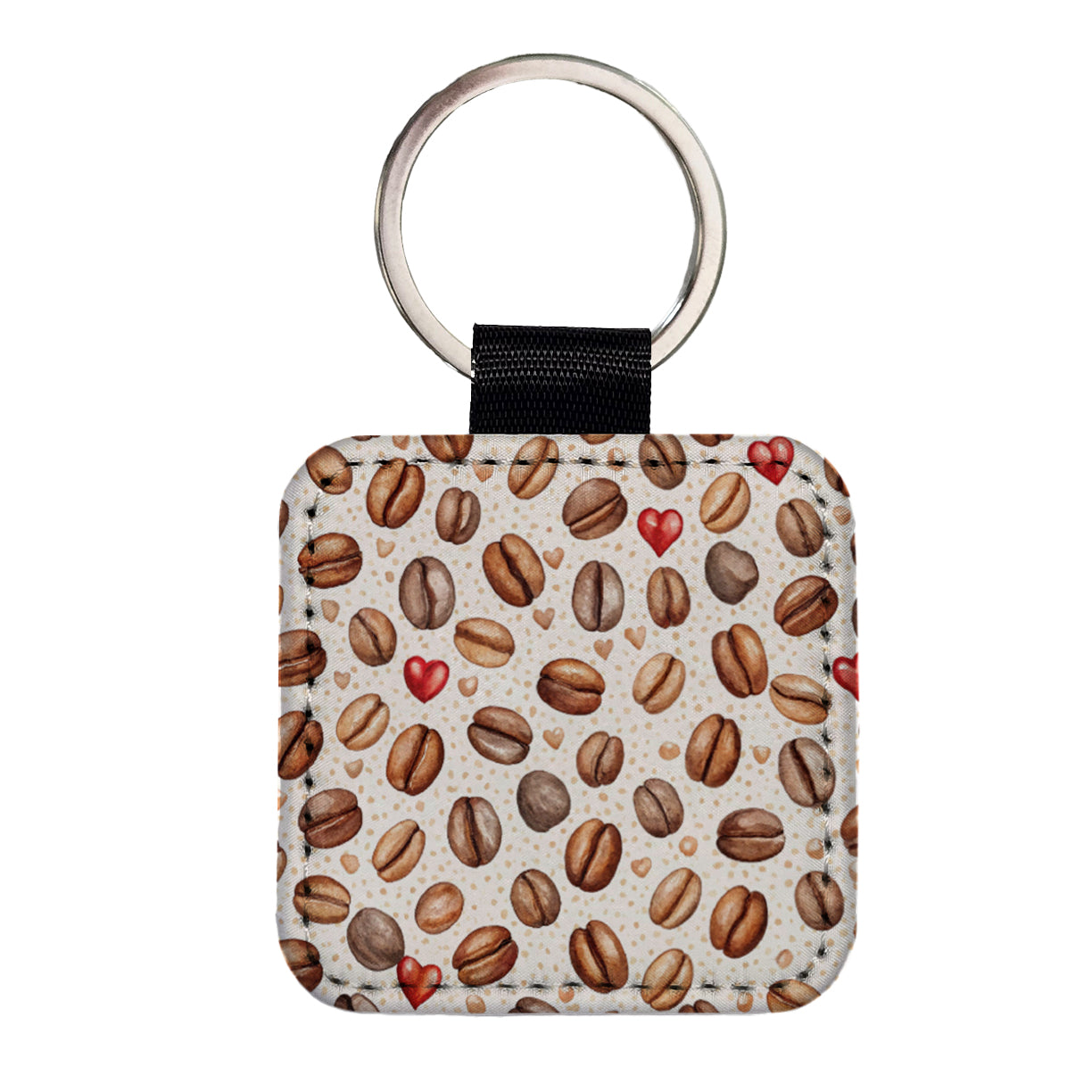 Lots Of Coffee Beans Hearts Square Faux Leather Keychain