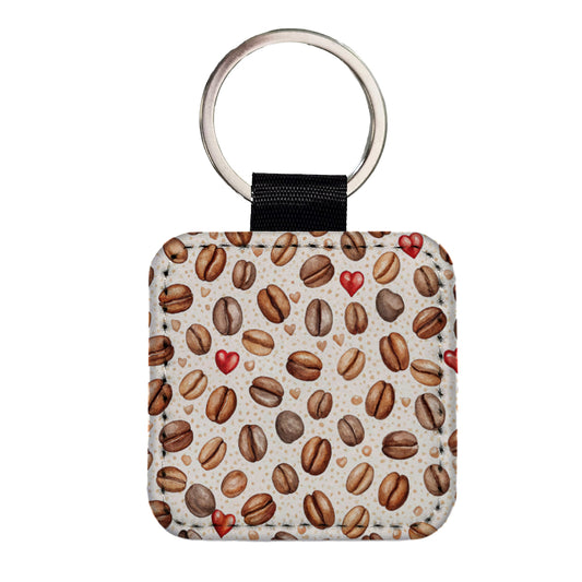 Lots Of Coffee Beans Hearts Square Faux Leather Keychain